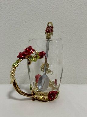 Decorative Red Rose Glass Mug with Gold Accents